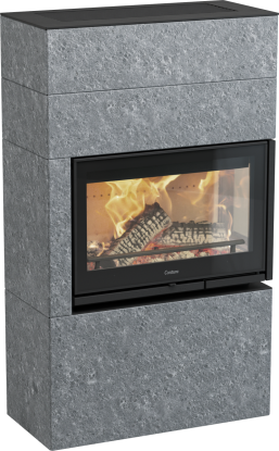 MyCube T grå elementpeis med glass på høyre hjørne - klebersteinsomramming