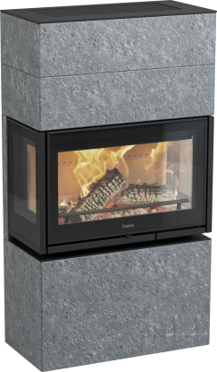 MyCube T grå elementpeis med klebersteinsomramming - panorama med glass på tre sider