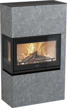 MyCube T grå elementpeis med glass på venstre hjørne - klebersteinsomramming