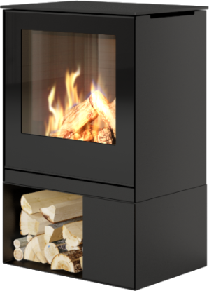 Q-tee 2 svart gasspeis med lav sokkel og glassdør