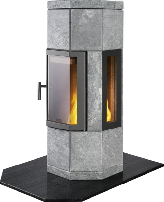 Octo+ 110 grå klebersteinsovn med sideglass og støpejernsdør