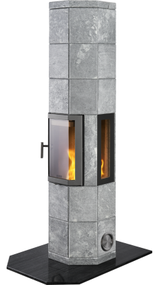 Octo+ 185 grå klebersteinsovn med sideglass og støpejernsdør