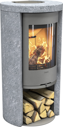520T Style grå vedovn med støpejernsdør og klebersteinsomramming