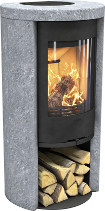 520T Style svart vedovn med støpejernsdør og klebersteinsomramming