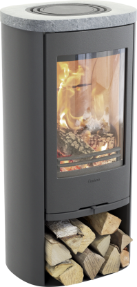 810:3 Style grå vedovn med glassdør og klebersteinstopp