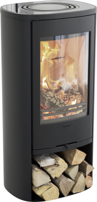 810:2 Style svart vedovn med støpejernsdør og glasstopp