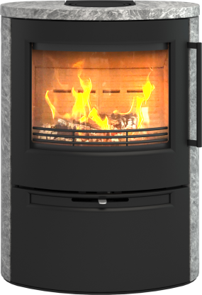 TT55RS svart vedovn med ståldør og klebersteinsomramming