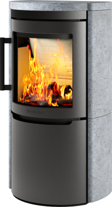 Mala 4 grå vedovn med ståldør og kappe av grå naturstein