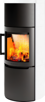 Mala 6 svart vedovn med ståldør og kappe av hvit naturstein