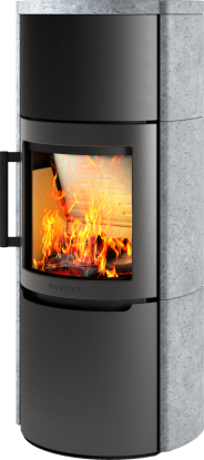 Mala 6 svart vedovn med ståldør og kappe av grå naturstein