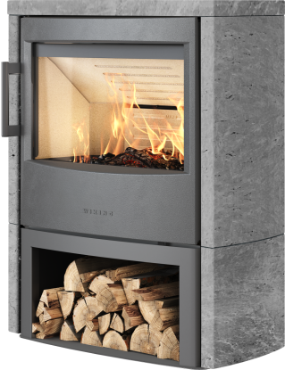 Maxi 4 grå vedovn med vedrom - ståldør og klebersteinsomramming