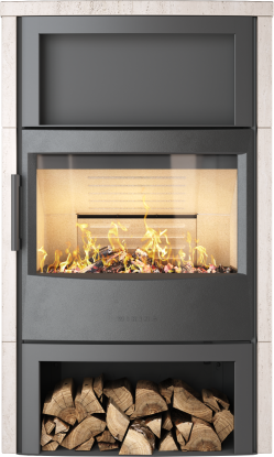 Maxi 6 grå vedovn med vedrom - ståldør og hvit natursteinsomramming