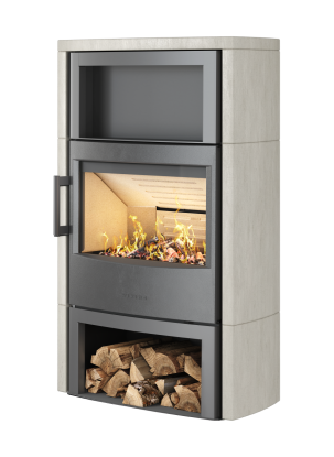 Maxi 6 grå vedovn med vedrom - ståldør og grå natursteinsomramming