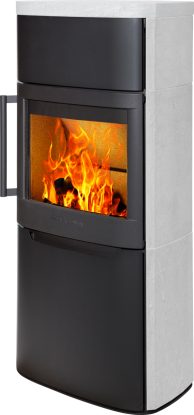 Pala 6 svart vedovn med ståldør og kappe av grå naturstein