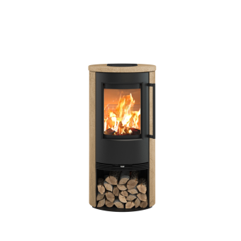 TT21RS-CM svart vedovn med støpejernsdør og omramming av TermaStone i mocca