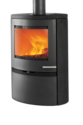 TT22HS svart vedovn med ståldør og omramming av svart sandstein